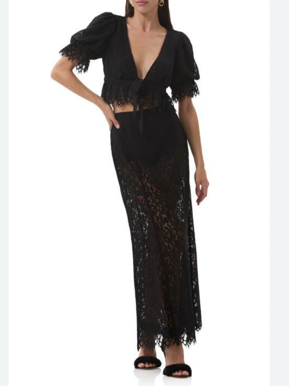 AFRM Revolve Plunge Neck Puff Sleeve Black Lace Tie-Front Crop Top